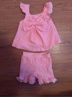 Girls Pink Striped Bow Tank Top - Cute Ruffle Shoulder